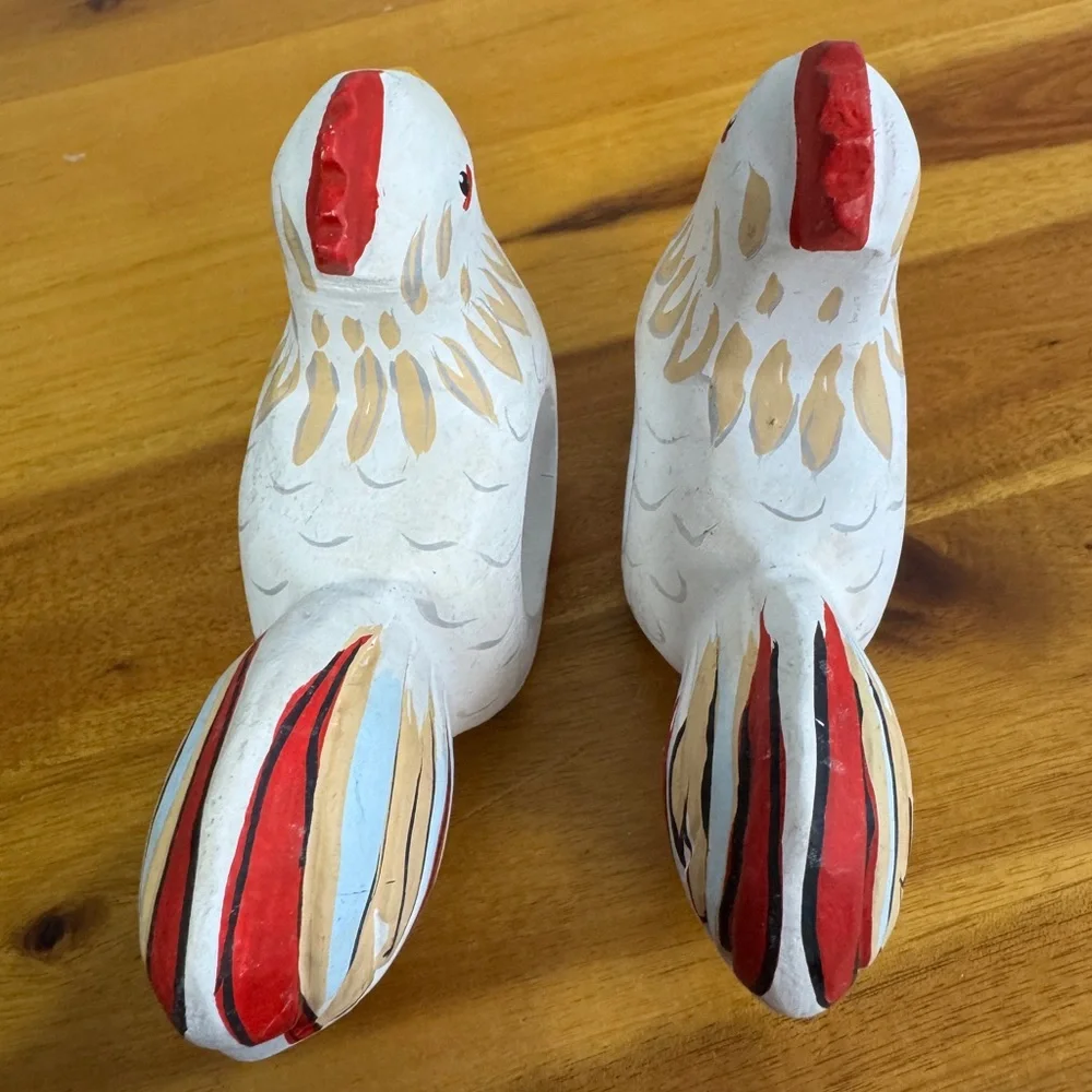 Vintage carved wood hand painted rooster napkin rings‎ set of 2